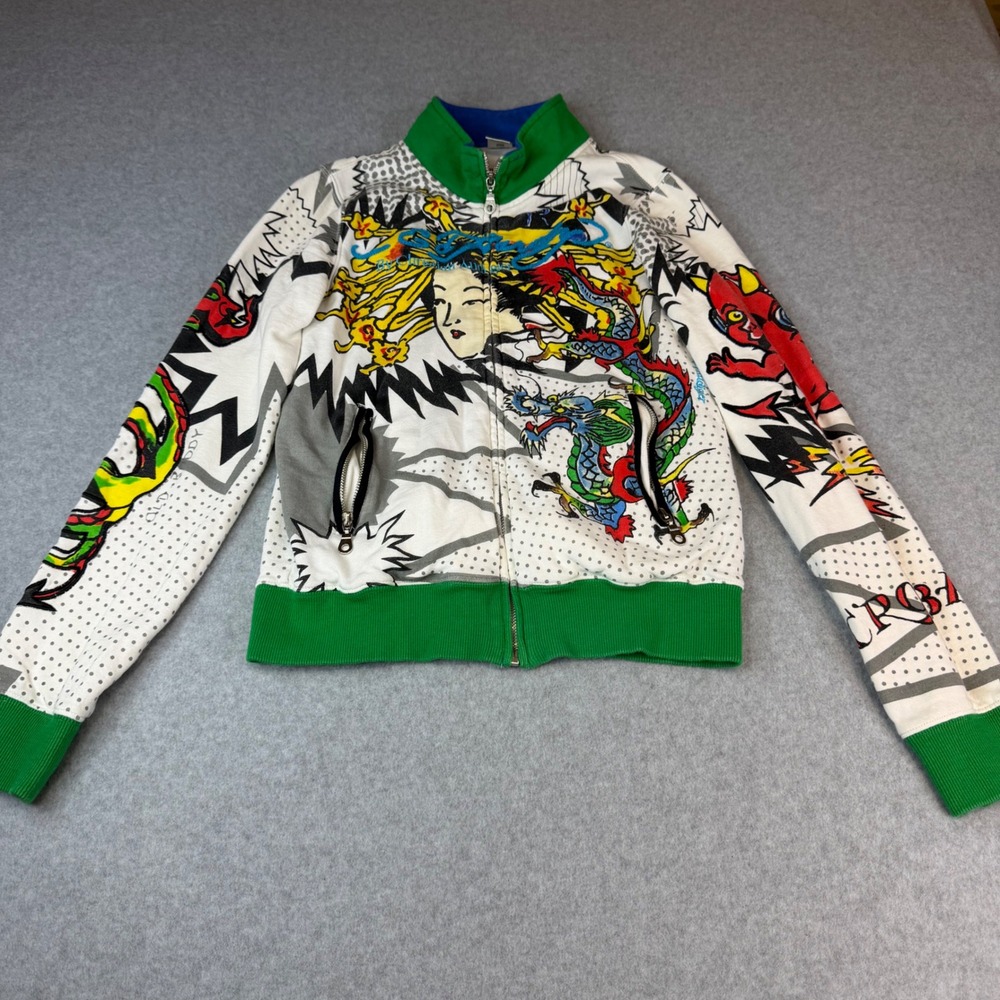 Ed Hardy Christian Audigier Tattoo Print Zip Up Track Jacket White Green Smalll
